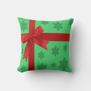 Red Ribbon Bow Green Christmas Snowflakes  Cushion