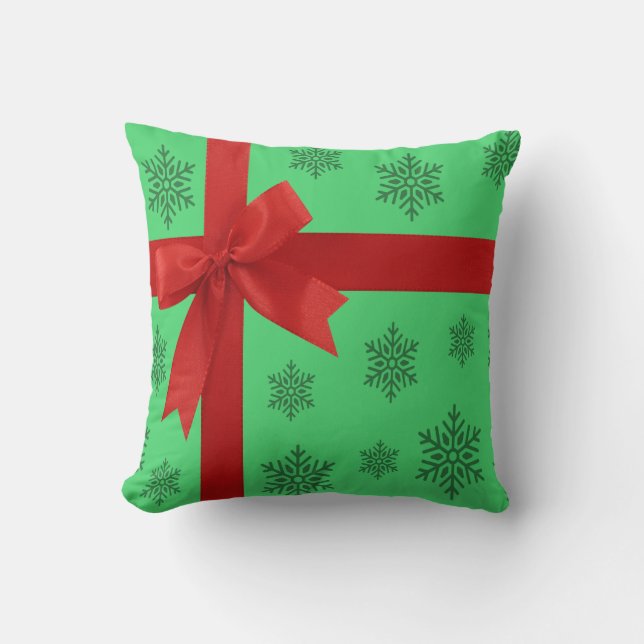 Red Ribbon Bow Green Christmas Snowflakes  Cushion (Front)
