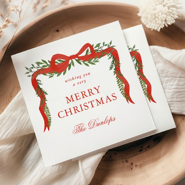 Red Ribbon Bow Greenery Christmas Party Napkin (Elegant red ribbon with bow and greenery Christmas holiday party napkins.)
