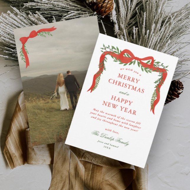 Red Ribbon Bow Greenery Photo Christmas Holiday Card (Elegant painted red ribbon with bow and greenery photo christmas holiday cards.)