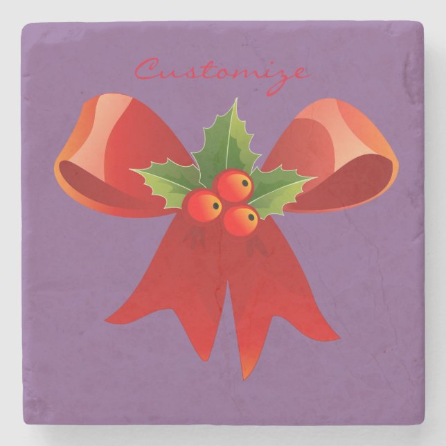 Red Ribbon Bow Holly Thunder_Cove Stone Coaster (Front)