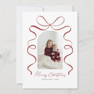Red Ribbon Bow Minimalist Christmas Family Photo Holiday Card