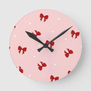 Red Ribbon Bow Pattern Sweet Pastel Pink Cute Round Clock