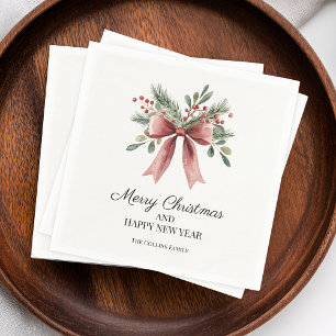 Red Ribbon Bow Watercolor Simple Holly Holiday Napkin