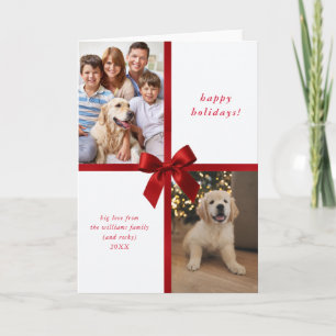 Red ribbon bow wrapped gift 2 photo family holiday card