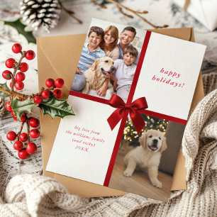 Red ribbon bow wrapped gift 2 photo family holiday card