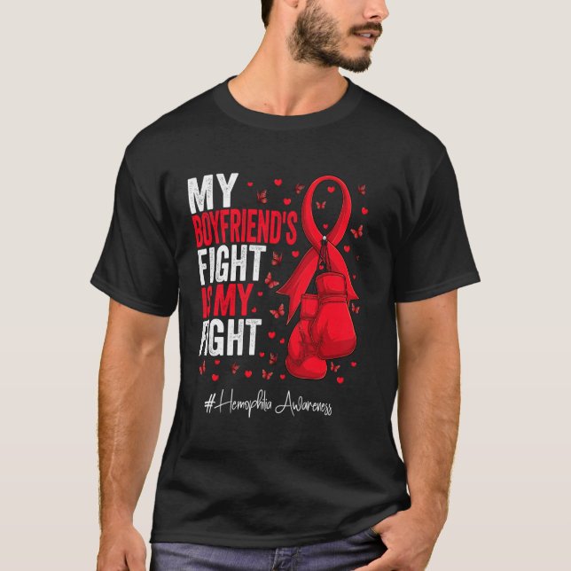 Red Ribbon Boyfriend Haemophilia Awareness T-Shirt (Front)