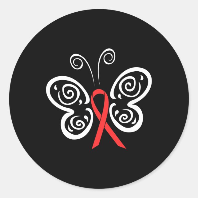Red Ribbon Butterfly Blood Cancer HIV AIDS Awarene Classic Round Sticker (Front)