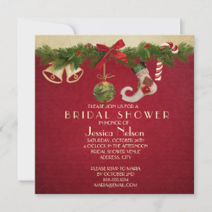 Red Ribbon Christmas Ornaments Bridal Shower Invitation