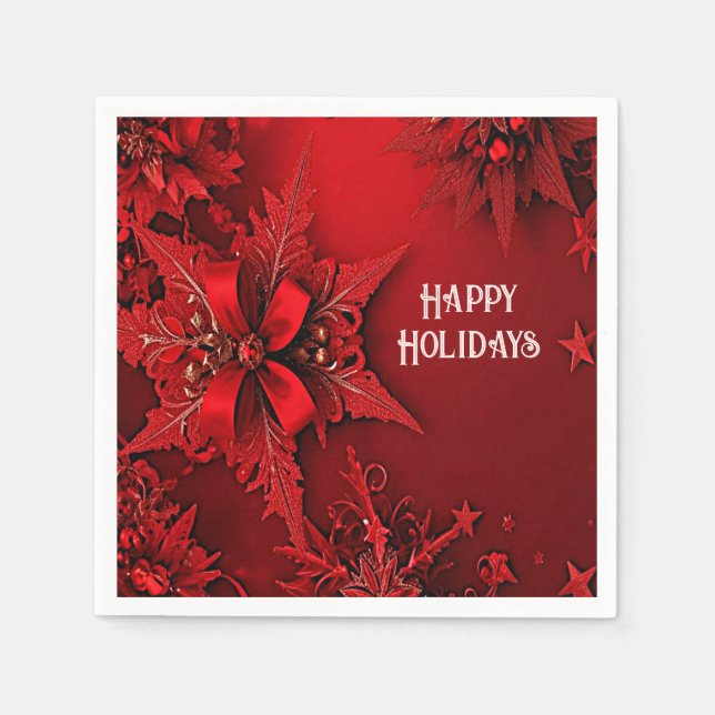 Red Ribbon Floral Holiday Christmas Paper Napkin (Front)