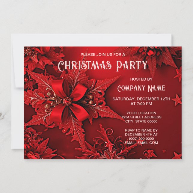 Red Ribbon Floral Holiday Christmas Party Invitati Invitation (Front)