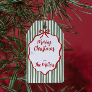 Red Ribbon Green Stripe Custom Christmas Gift Tags