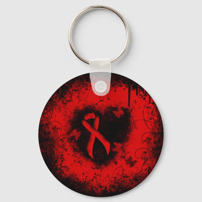 Red Ribbon Grunge Heart Key Ring (Front)