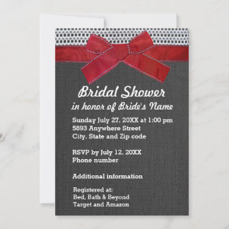 Red Ribbon, Lace, Grey Burlap Bridal Shower Invite