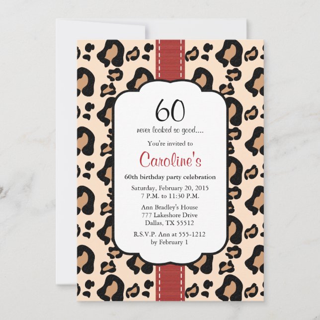 Red Ribbon Leopard Print 60th Birthday Invitations (Front)