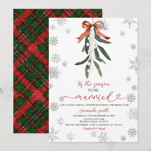 Red Ribbon Mistletoe Snowflakes Bridal Shower Invitation