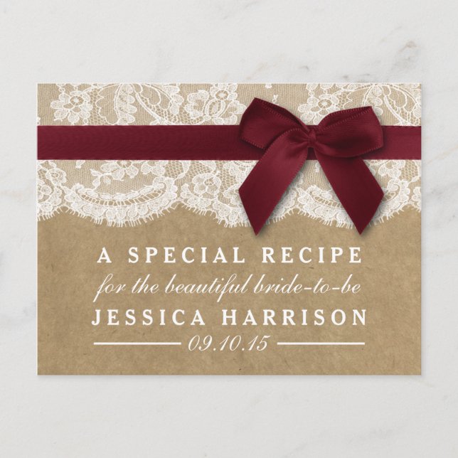 Red Ribbon On Kraft & Lace Bridal Shower Recipe Invitation Postcard (Front)