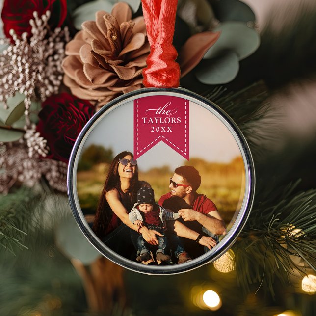 Red Ribbon | Personalised Name & Year Photo Metal Tree Decoration (Creator Uploaded)