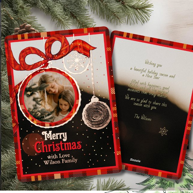 Red Ribbon Plaid  Gold Foil Single Photo Christmas (Red Ribbon Plaid Gold Foil Single Photo Christmas Foil Holiday Card)