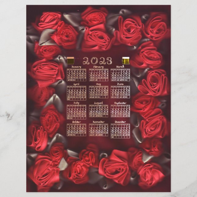 Red Ribbon Roses Border 2023 Calendar Letter Size  (Front)