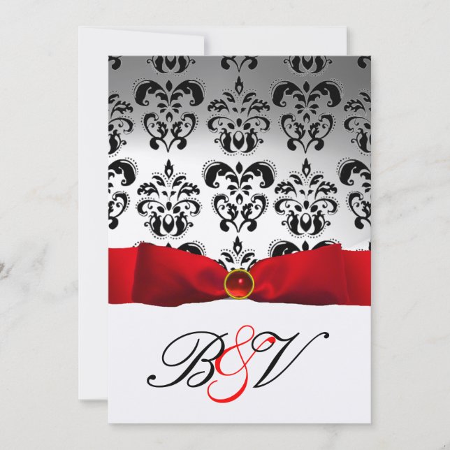 RED RIBBON SILVER BLACK  DAMASK MONOGRAM INVITATION (Front)