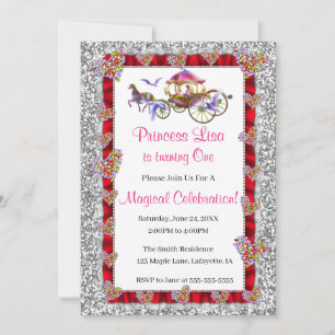 Red Ribbon Silver Glitter Royal Princess Birthday Invitation