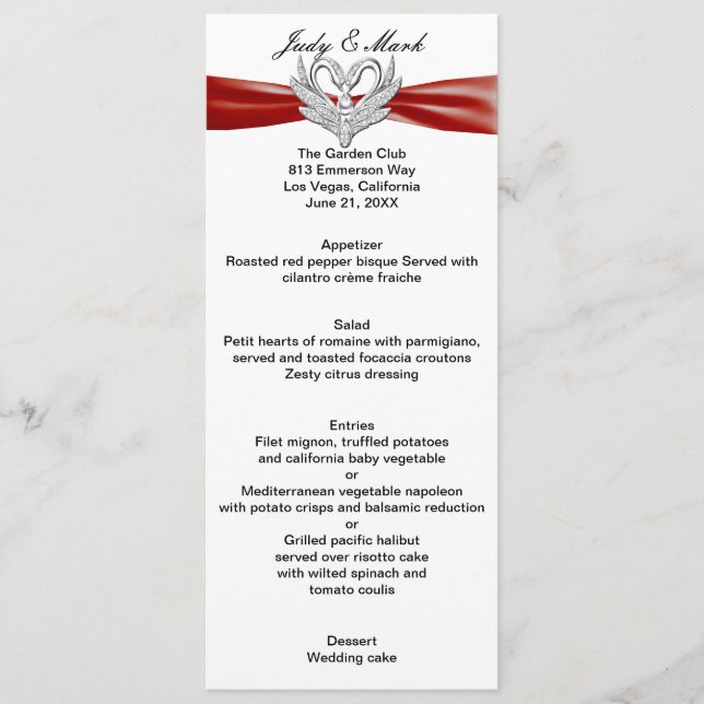 Red Ribbon Silver Swans Menu Card (Front)