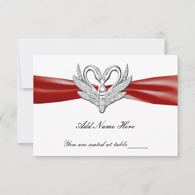 Red Ribbon Silver Swans Table Place Card (Front)