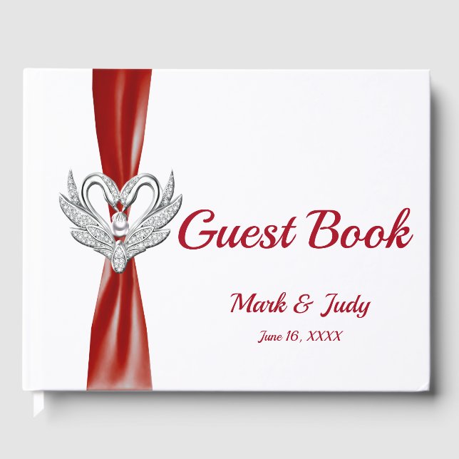 Red Ribbon Silver Swans Wedding Guestbook (Front)