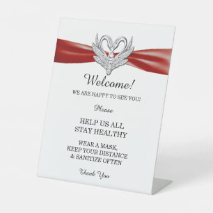 Red Ribbon Silver Swans Wedding Safety Pedestal Sign