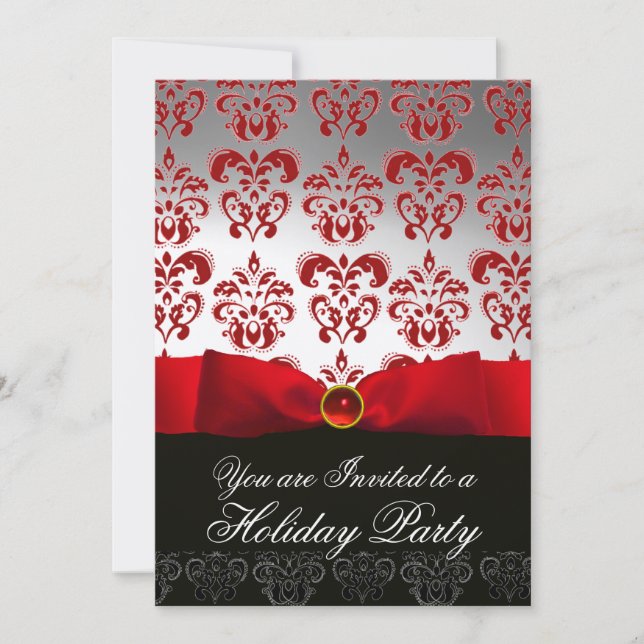 RED RIBBON WHITE BLACK  DAMASK HOLIDAY PARTY Ruby Invitation (Front)