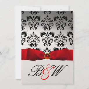 RED RIBBON WHITE BLACK DAMASK MONOGRAM INVITATION