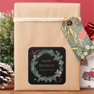Red Ribbon Winter Greenery Monogram Square Sticker