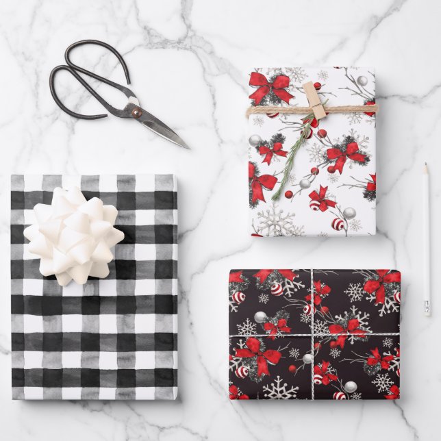 Red Ribbons Black & White Buffalo Check Christmas Wrapping Paper Sheet (Front)