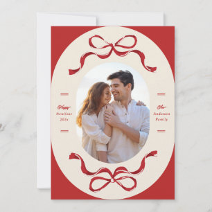 Red Ribbons Happy New Year 2027 Photo Holiday Card