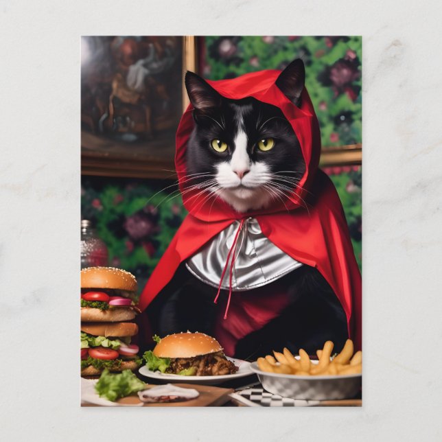 Red Riding Hood Cat Eats Cheesburger and Fries Postcard (Front)