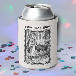 Red Riding Hood in Forest Flowers Wolf Black White Can Cooler