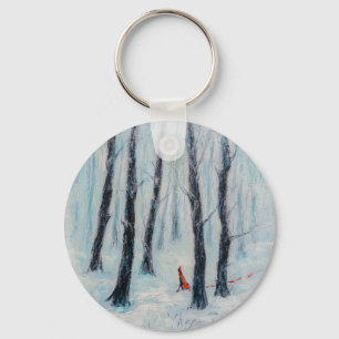 Red Riding Hood-like figure in a winter forest Key Ring