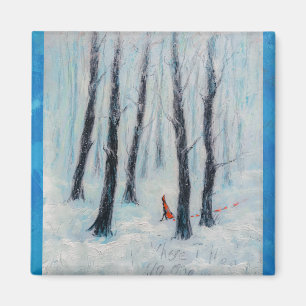 Red Riding Hood-like figure in a winter forest Magnet