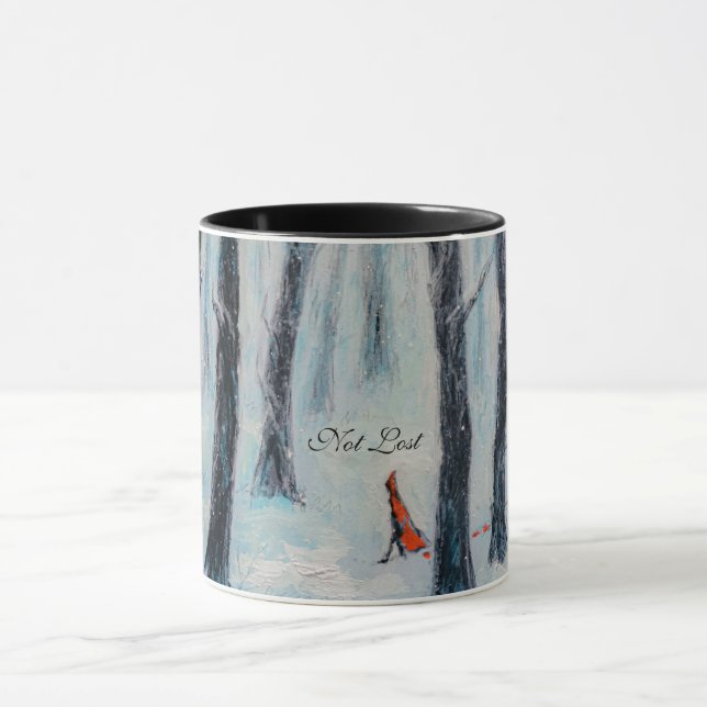Red Riding Hood-like figure in a winter forest Mug (Center)
