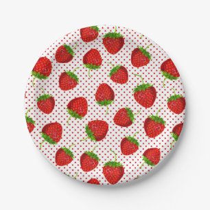 Red Ripe Strawberry and Dots Pattern Paper Plate
