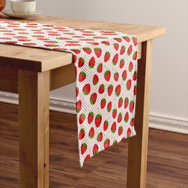 Red Ripe Strawberry and Dots Pattern Short Table Runner (In Situ)