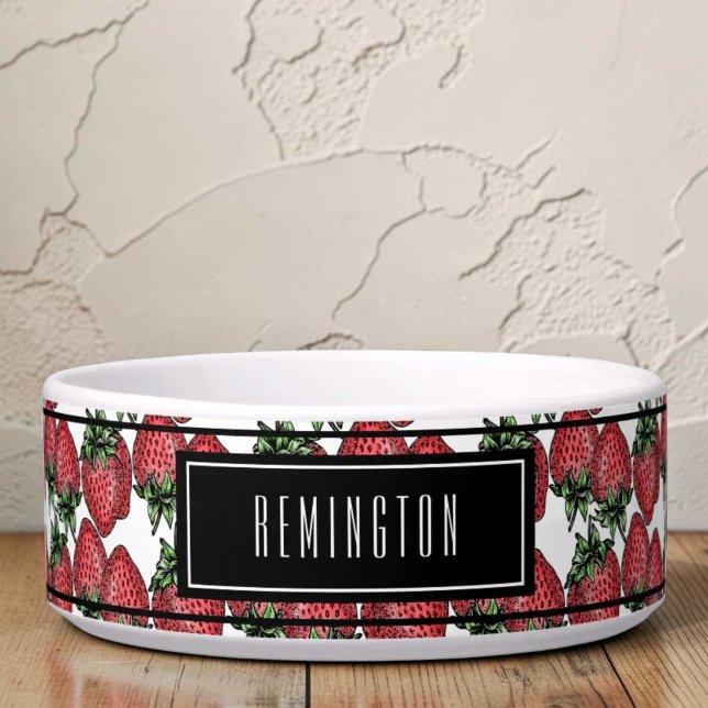 Red Ripe Strawberry Pattern Custom Pet Name  Bowl (Strawberry background custom pet bowl)