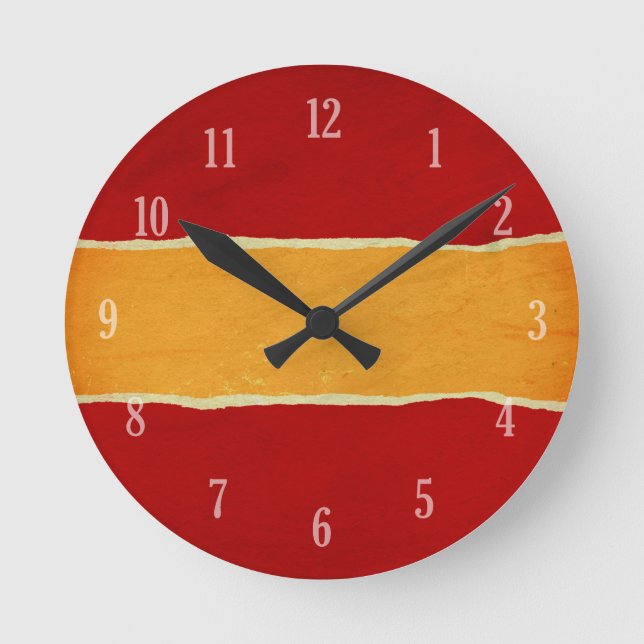 Red ripped christmas wrapping paper round clock (Front)