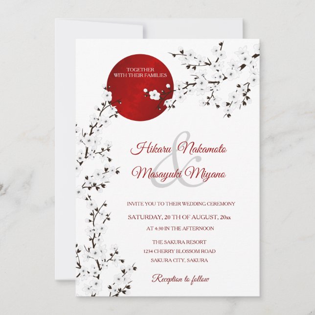 Red Rising Sun White Cherry Blossom | Wedding Invitation (Front)