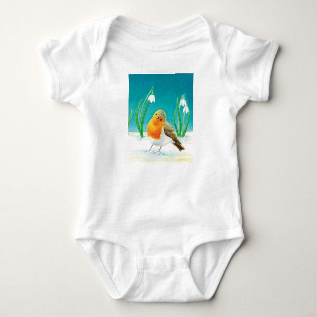 Red Robin and snowdrops Baby Bodysuit (Front)