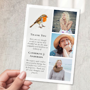 Red Robin Bird 3 Photo Sympathy Funeral Thank You Card