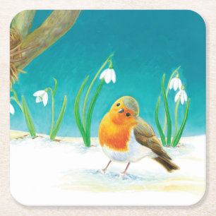 Red Robin Bird and Snowdrops Illustration Square Paper Coaster