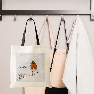 Red robin bird snow name script tote bag
