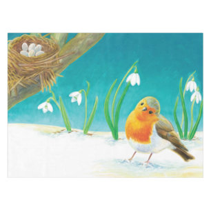 Red Robin Bird & Snowdrops Illustration Tablecloth